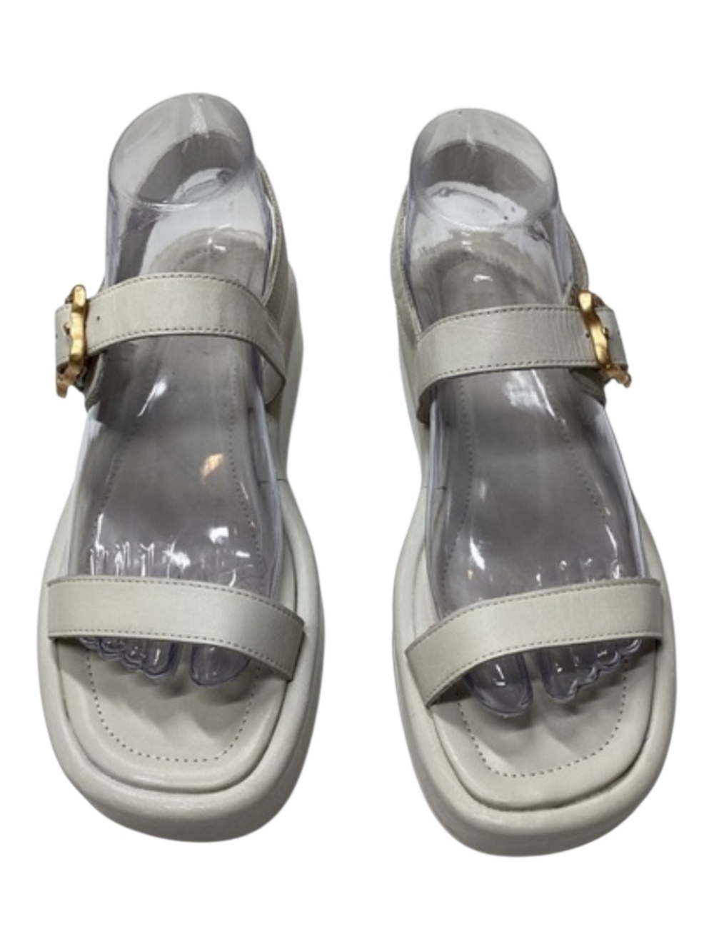 SCHUTZ Cream Leather Buckle Strap Sandals